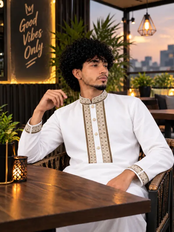 Premium White Embroidered Dhoti Panjabi